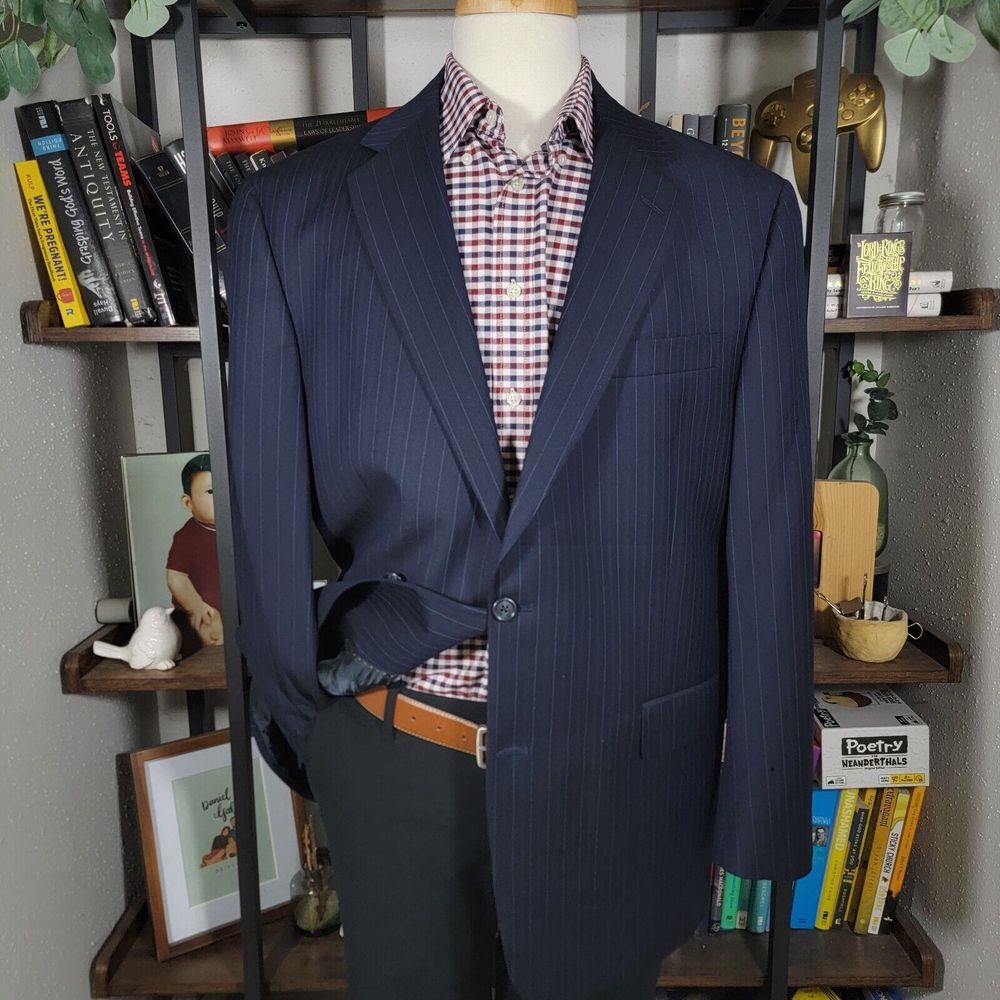 Hart Schaffner Marx Gold Trumpeter Men's Sport Coat Navy Blue Striped‎ Wool 43R